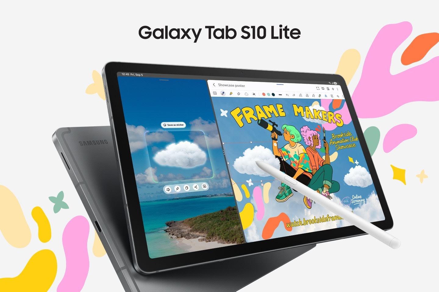 Galaxy Tab S10 Lite with its display facing forward is overlapped in front of another Tab S10 Lite showing its rear from behind. On the front display, the screen is split with the right side showing the Samsung Notes app in use where an S Pen is dragging a cloud copied from the left-side photo into a colorful illustration titled FRAME MAKERS, showcasing the Tab's multitasking capabilities and precise image editing with S Pen.