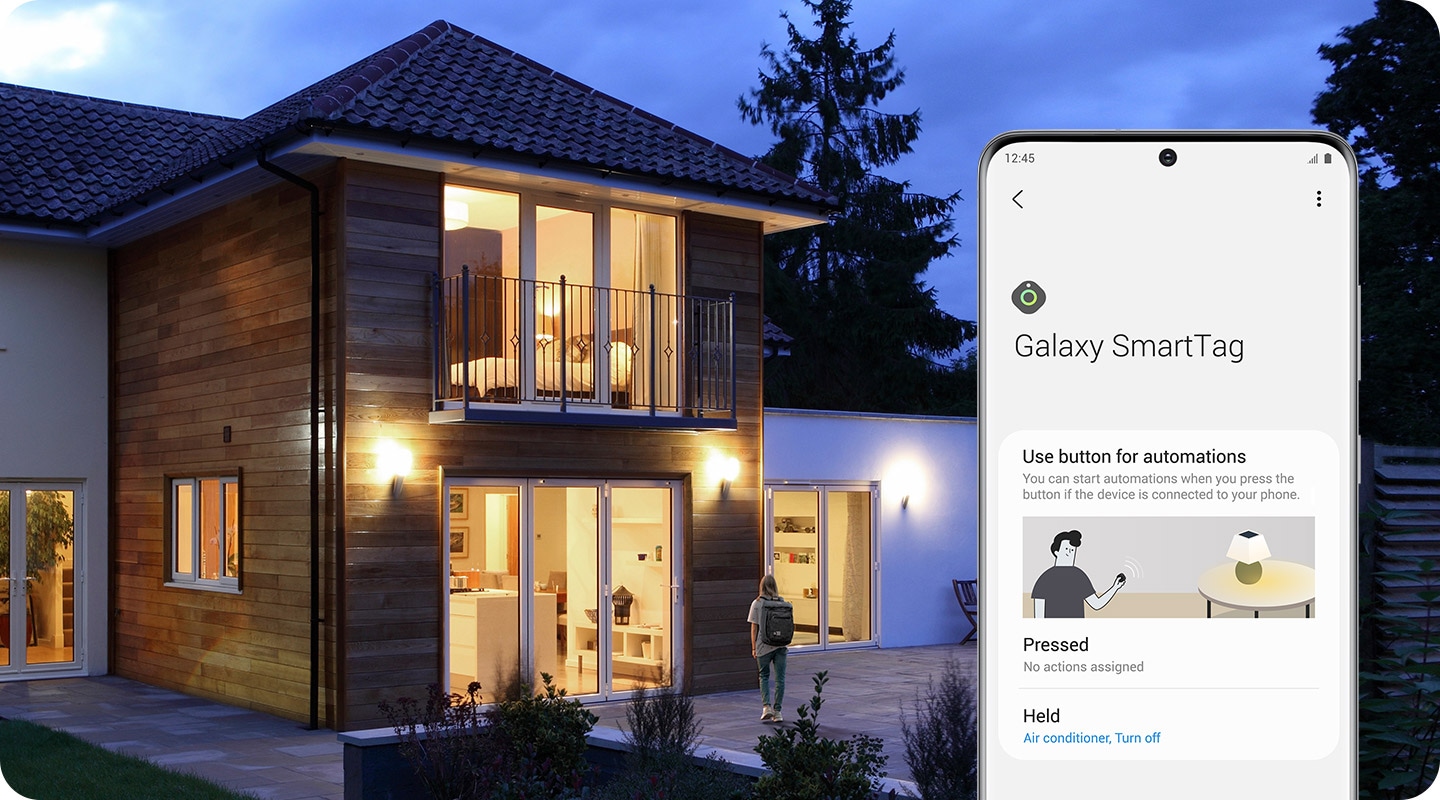 על ידי הנחת ה-SmartTag בתיק הגב של המשתמש, ניתן לבדוק את המיקום והאורות בביתכם יידלקו בעת ההגעה