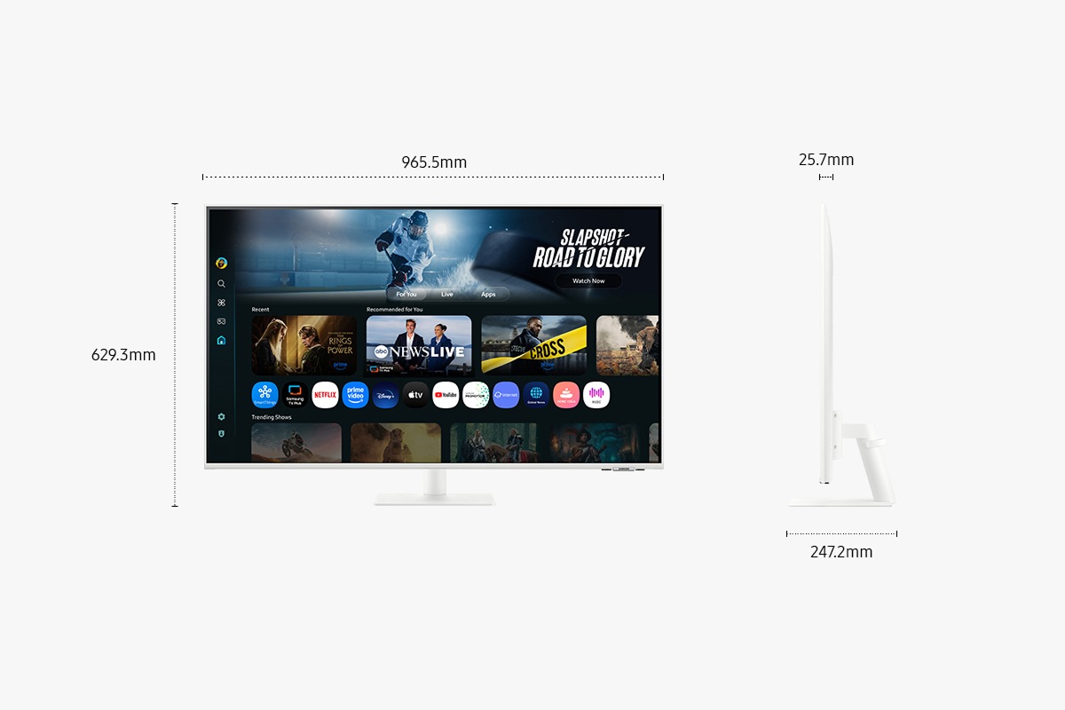 Dimensions of 43 inch Samsung Smart Monitor M7 (965.5 x 629.3 x 247.2 mm) with a stand, and screen depth of 25.7 mm without stand. Screen showing various content.