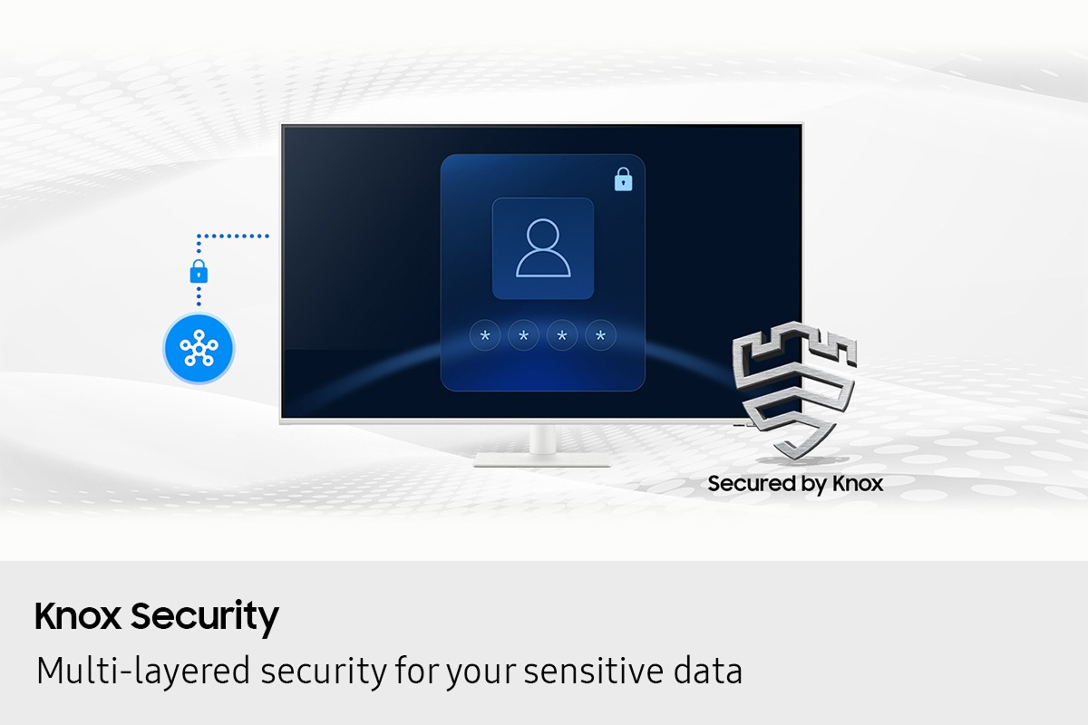 Knox Security. Multi-layered security for your sensitive data. SmartThings links to the monitor. Monitor shows a secure login screen. Secured by Knox logo.