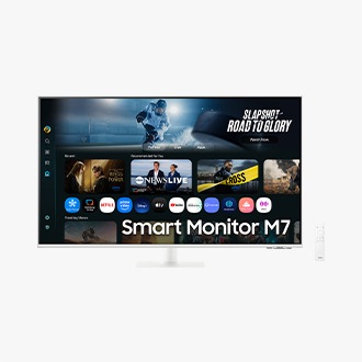Front of 43 inch Samsung Smart Monitor M7 with the screen showing Smart TV Apps page with various content and apps lined up, and a remote control.