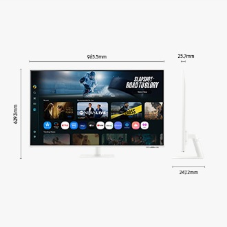 Dimensions of 43 inch Samsung Smart Monitor M7 (965.5 x 629.3 x 247.2 mm) with a stand, and screen depth of 25.7 mm without stand. Screen showing various content.