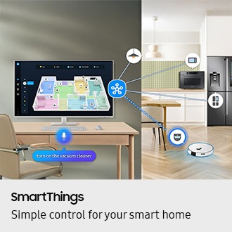 SmartThings. Simple control for your smart home. A monitor shows 3D Map View of home devices. Microwave, light bulb, refrigerator and vacuum cleaner connected to SmartThings icon. Microphone icon with dialogue bubble reading "turn on the vacuum cleaner." Vacuum cleaner turned on.