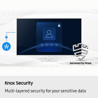 Knox Security. Multi-layered security for your sensitive data. SmartThings links to the monitor. Monitor shows a secure login screen. Secured by Knox logo.
