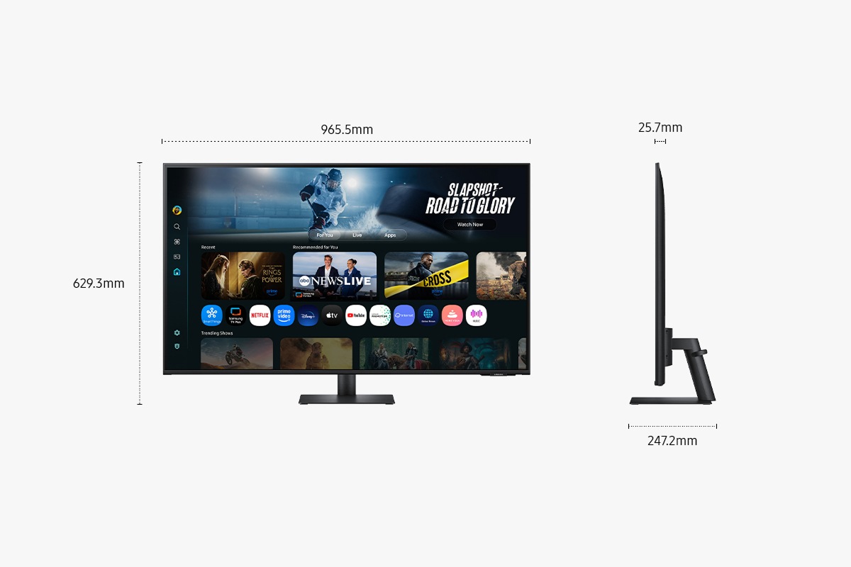 Dimensions of 43 inch Samsung Smart Monitor M7 (965.5 x 629.3 x 247.2 mm) with a stand, and screen depth of 25.7 mm without stand. Screen showing various content.
