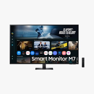 Front of 43 inch Samsung Smart Monitor M7 with the screen showing Smart TV Apps page with various content and apps lined up, and a remote control.