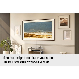 The Frame TV displays art and blends seamlessly into a refined living room wall with minimalist framed artwork.
