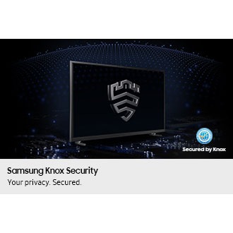 A multi-layered security solution is creating a dome-like enclosure behind a TV that's secured by Knox. The screen features the Samsung Knox emblem. The text Your privacy. Secured. Only on Samsung TV is on display on top. 