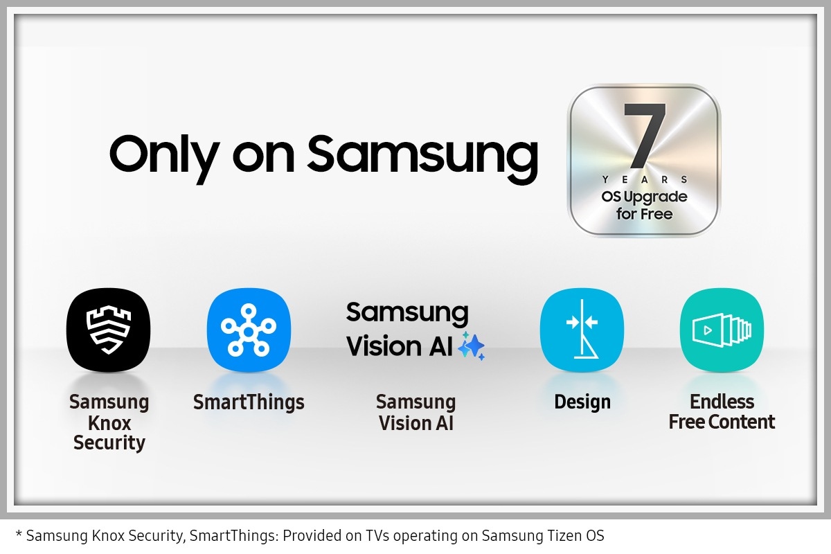 The reasons for Why Samsung TV are given in a series of icons for Samsung Knox Security, SmartThings, Samsung Vision AI, Design and Endless Free Content. An extra silver icon also states another benefit for Samsung TVs, which is 7 years of OS upgrades for free.