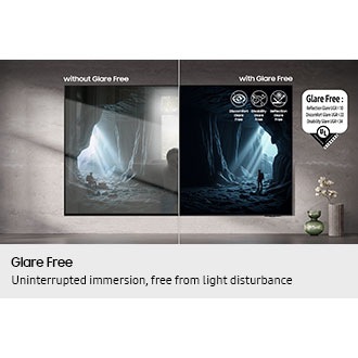 OLED TV scene is clear without reflections with Glare Free. No discomfort, disability, reflection icons. UL verified V166045 UGR<10, UGR<22, UGR<34 logo.