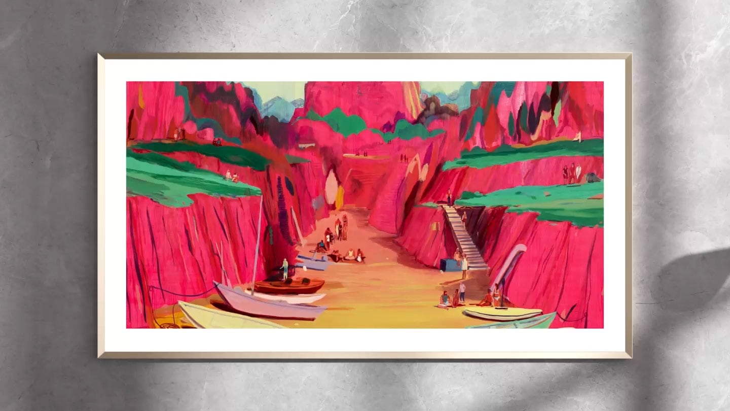 Samsung The Frame Pro TV mounted flush to the wall of a modern living room displays a colorful piece of art.