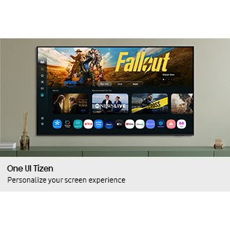 One UI Tizen’s home screen, with the various apps and services available, is displayed on a TV in a living room.