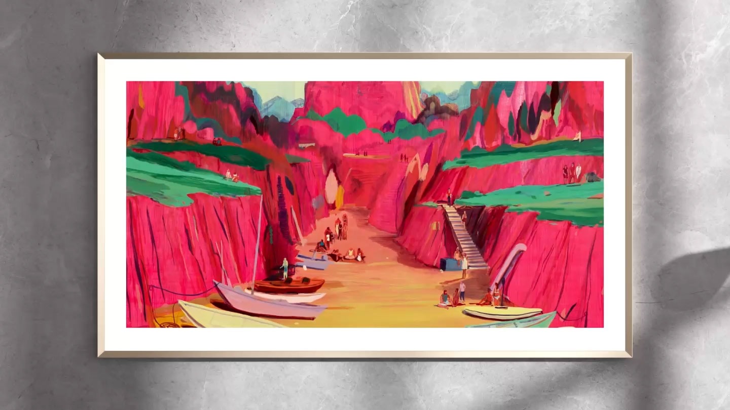 Samsung The Frame Pro TV mounted flush to the wall of a modern living room displays a colorful piece of art.