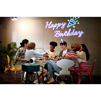 Friends are having a party with a Happy Birthday background. 