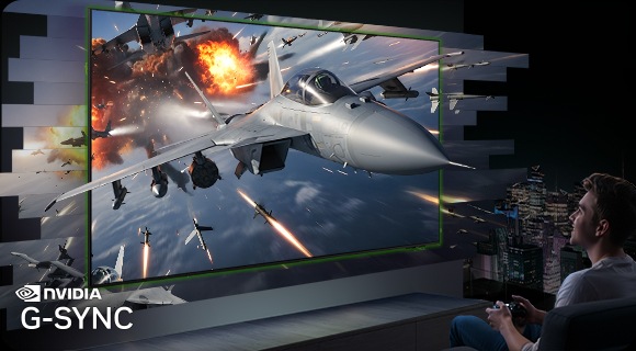Man gaming on a Samsung OLED TV. An action-filled air combat game scene appears to pop out of the screen. NVIDIA G-Sync logo.