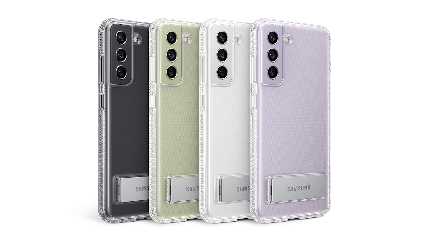 Four Galaxy S21 FE 5G phones, all seen from the rear with the Clear Standing Cover installed to show the transparent material that keeps the color of the phone visible.