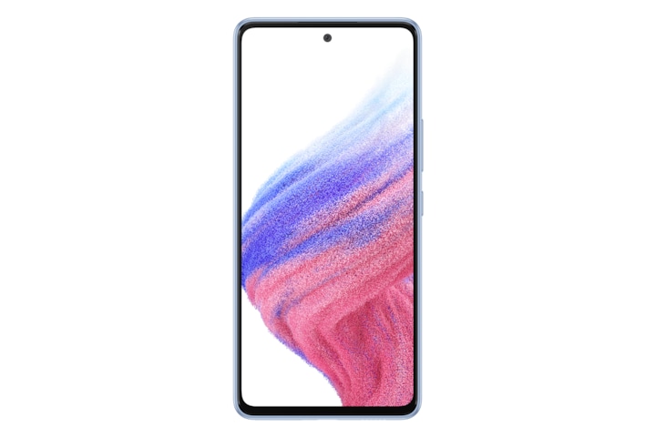 Galaxy A53 5G in Awesome Blue seen from the front with a colorful wallpaper onscreen. It spins slowly, showing the display, then the smooth rounded side of the phone with the SIM tray, then the matte finish and the minimal camera housing on the rear and comes to a stop at the front view again.