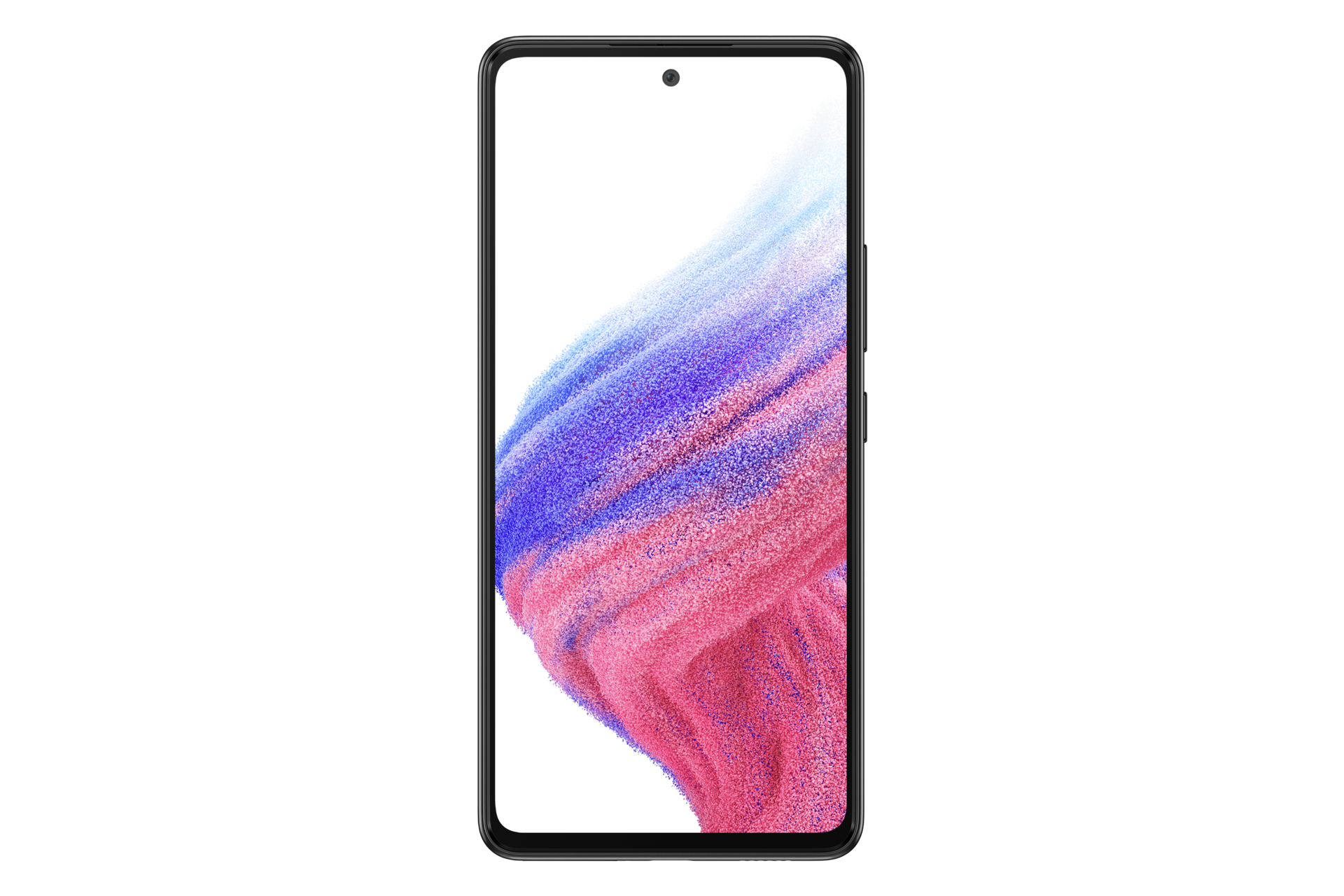 Galaxy A53 5G in Awesome Black seen from the front with a colorful wallpaper onscreen. It spins slowly, showing the display, then the smooth rounded side of the phone with the SIM tray, then the matte finish and the minimal camera housing on the rear and comes to a stop at the front view again.