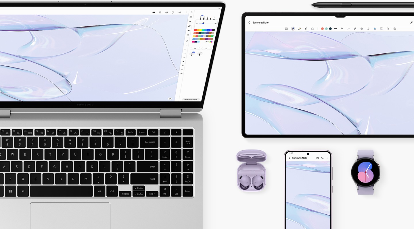 A top view of a graphite Galaxy Book3 360, opened and facing forward with Samsung Notes app opened onscreen. A Galaxy Tab S8 Ultra with S Pen, Galaxy S23 Plus, Galaxy Watch5 Bora Purple and Galaxy Buds2 Pro Bora Purple are placed next to the laptop.