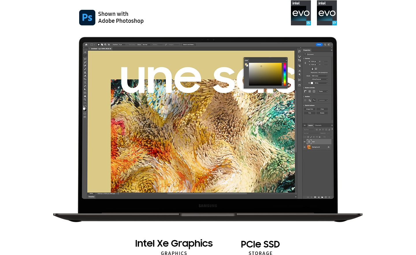 A graphite Galaxy Book3 Pro is opened, facing forward with a colourful abstract image opened in Adobe Photoshop onscreen. Adobe Photoshop logo is shown. "Intel Xe Graphics" and "PCIe SSD STORAGE".