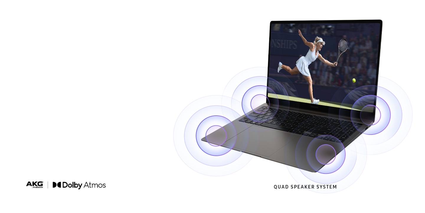 A graphite Galaxy Book3 Pro is opened, facing left with a tennis player shown onscreen and sound waves coming out of the four speakers. "QUAD SPEAKER SYSTEM". AKG by Harman and Dolby Atmos logos are shown.