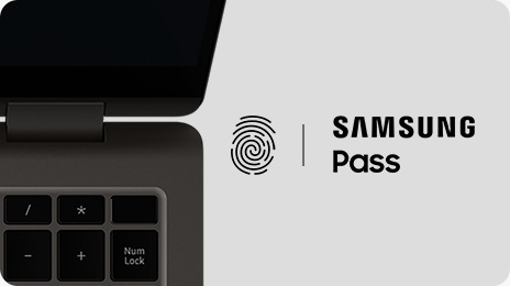A top close-up view of the right side of a graphite Galaxy Book3 360, open and facing forward. On the right, a fingerprint symbol is shown next to the Samsung Pass logo.