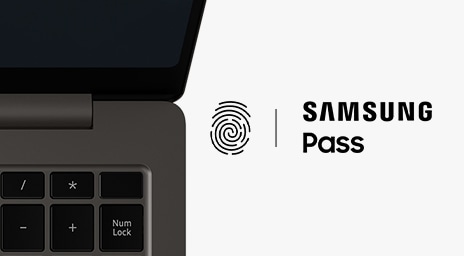 A top close-up view of the right side of a graphite Galaxy Book3 Pro, open and facing forward. On the right, a fingerprint symbol is shown next to the Samsung Pass logo.