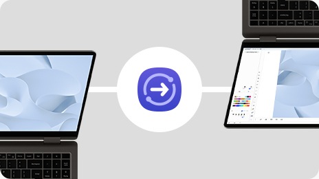 Two graphite Galaxy Book3 360 devices are shown. The one on the left is opened, facing forward with a grey wallpaper onscreen. The one on the right is opened, facing back with a gray image open in the Samsung Notes app onscreen. Quick Share icon is in the center.