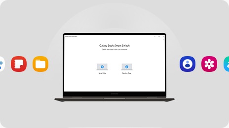 A graphite Galaxy Book3 360 is opened, facing forward with the Smart Switch application opened onscreen. Around the device, SmartThings, Samsung Notes, My Files, Contacts, Gallery and Samsung Health app icons are shown.