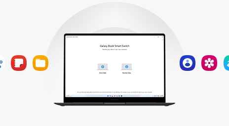 A graphite Galaxy Book3 Pro is opened, facing forward with the Smart Switch application opened onscreen. Around the device, SmartThings, Samsung Notes, My Files, Contacts, Gallery and Samsung Health app icons are shown.