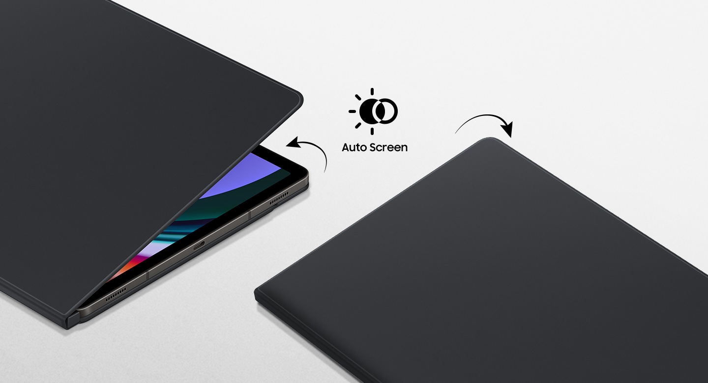 Two Galaxy Tab S9+ devices encased in Smart Book Covers are seen lying flat. The cover on one device is slightly open with the screen on to showcase the auto wake-up feature. The other one is turned off with the cover down.