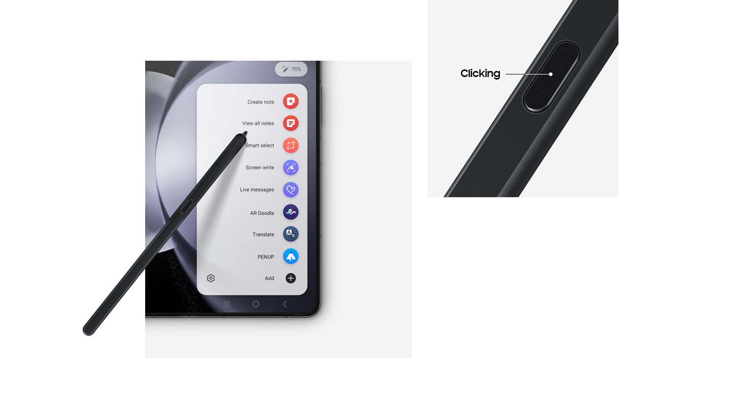 An S Pen is touching the screen of a Galaxy Z Fold5 device to use the Air Command menu. A close-up of the S Pen highlights the clicking button, which gives quick and easy access to the Air Command menu.