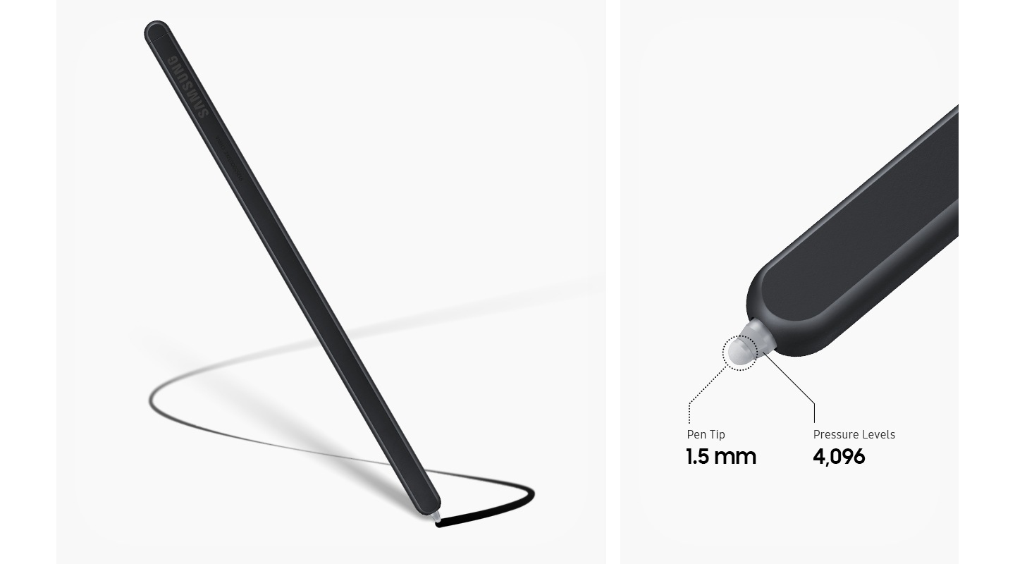 S Pen Fold Edition drawing a black line. A close-up of S Pen Fold Edition's tip, Pen Tip 1.5mm and Pressure Levels 4,096.