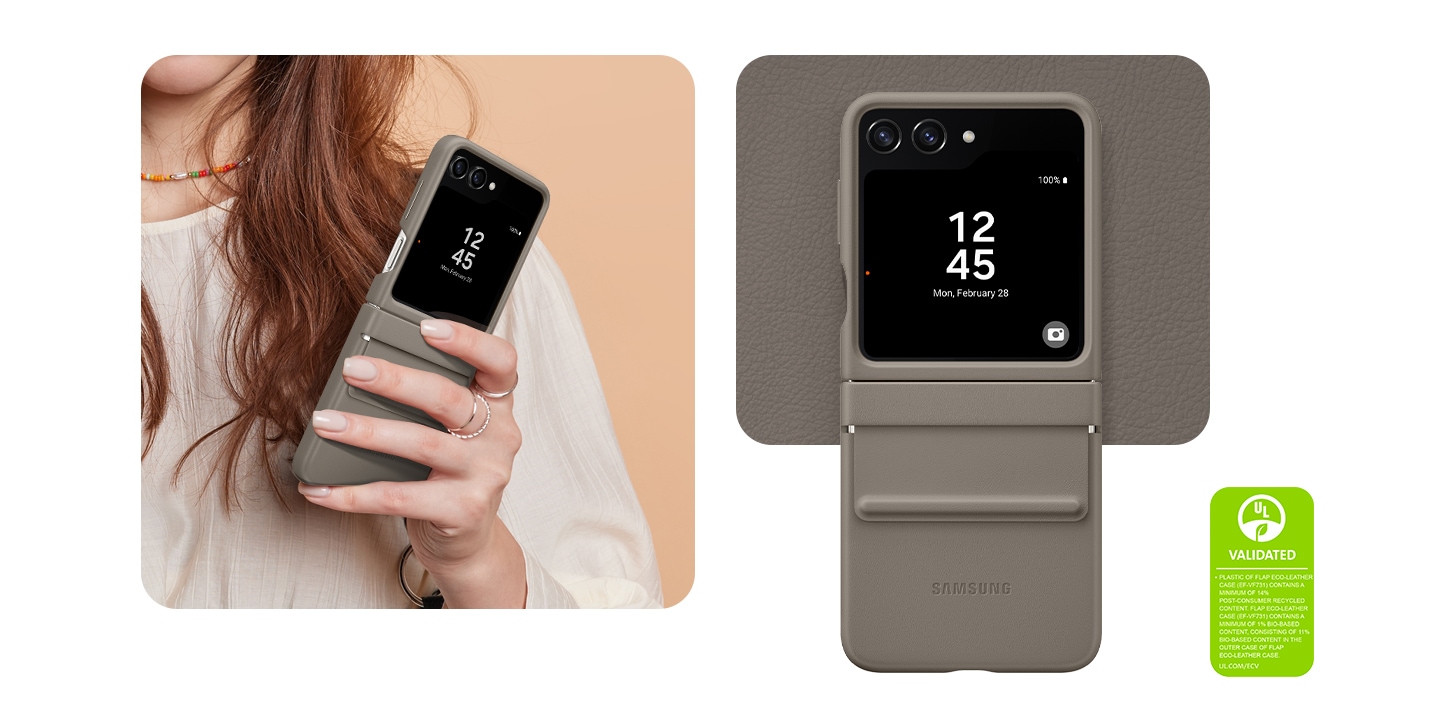 A woman is holding an unfolded Galaxy Z Flip5 device covered with a Flap Eco-Leather Case in etoupe in one hand. Next to it, a back view of an unfolded device is shown, highlighting the protective cover of the hinge when closed. The text reads PLASTIC OF FLAP ECO-LEATHER CASE (EF-VF731) CONTAINS A MINIMUM OF 14% POST-CONSUMER RECYCLED CONTENT. FLAP ECO-LEATHER CASE (EF-VF731) CONTAINS A MINIMUM OF 1% BIO-BASED CONTENT, CONSISTING OF 11% BIO-BASED CONTENT IN THE OUTER CASE OF FLAP ECO-LEATHER CASE. UL.COM/ECV