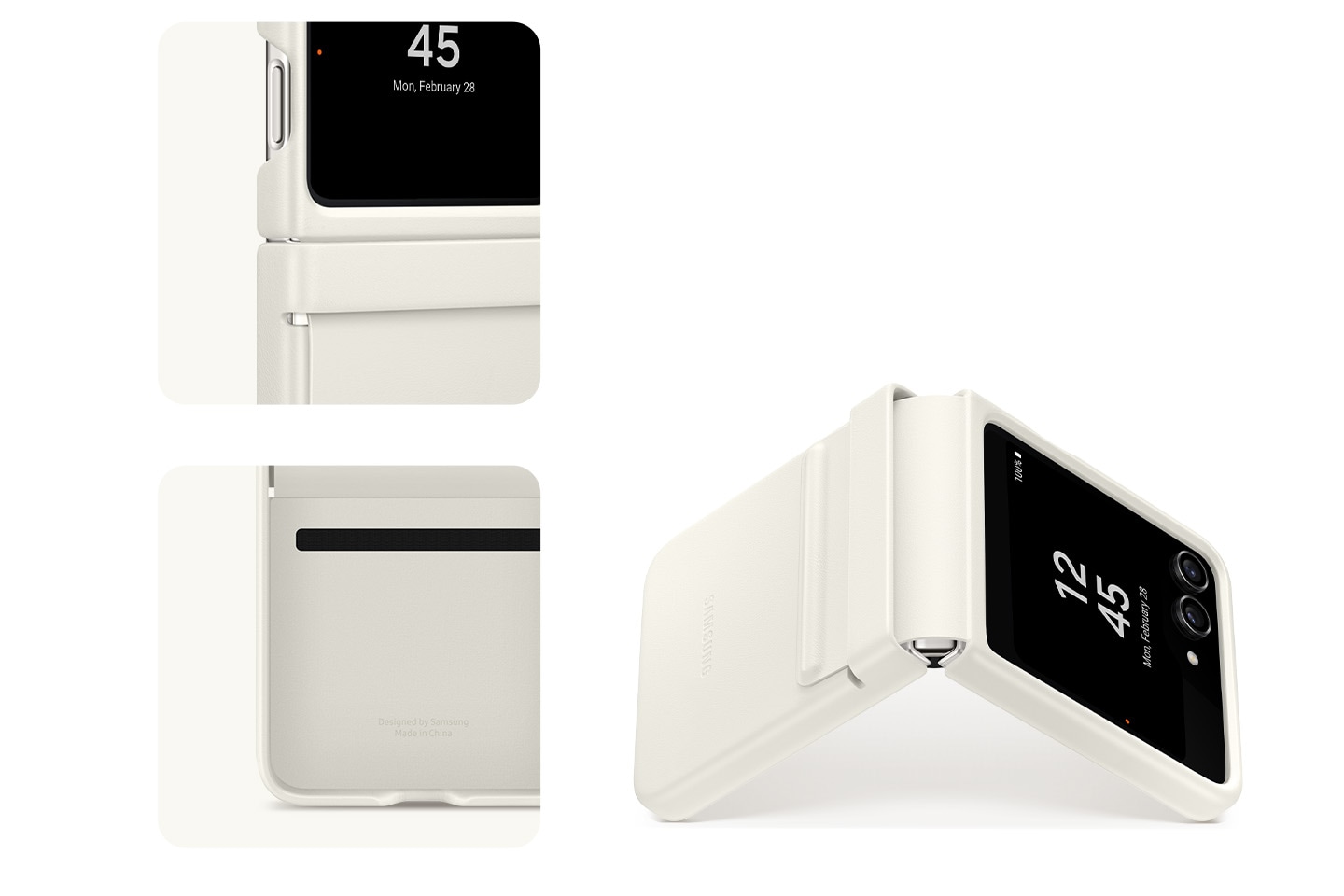 A Galaxy Z Flip5 device covered with a cream Flap Eco-Leather Case is open at a 45-degree angle and standing up like a tent. Two close-ups of the hinge protected with the case are shown.