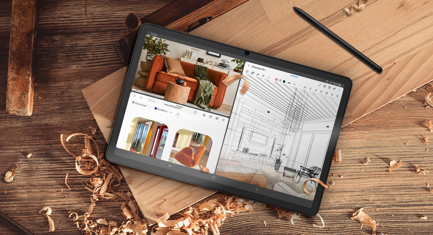 Galaxy Tab S9 is placed on a wooden surface in a workshop with S Pen beside it. Its screen is divided into three windows with several images of furniture open in a web browser and in the Samsung Notes app.