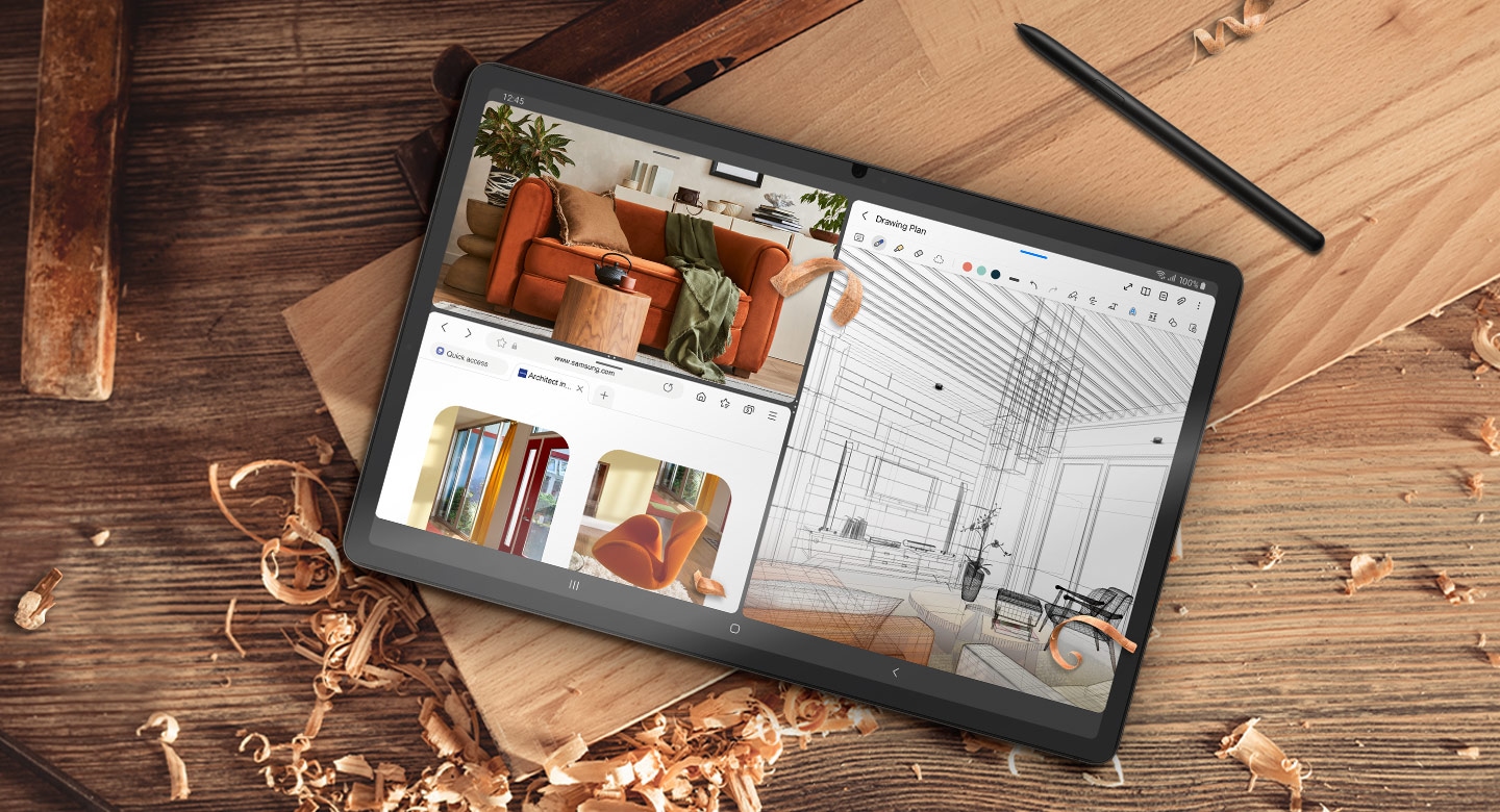 Galaxy Tab S9+ is placed on a wooden surface in a workshop with S Pen beside it. Its screen is divided into three windows with several images of furniture open in a web browser and in the Samsung Notes app.