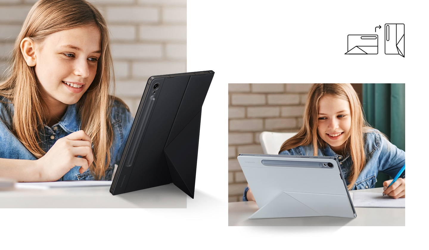 A young girl seen using Galaxy Tab S9 with Smart Book Cover on, placed vertically and propped up with a stand. Next to it, she is seen using the device horizontally with a stand on the back.