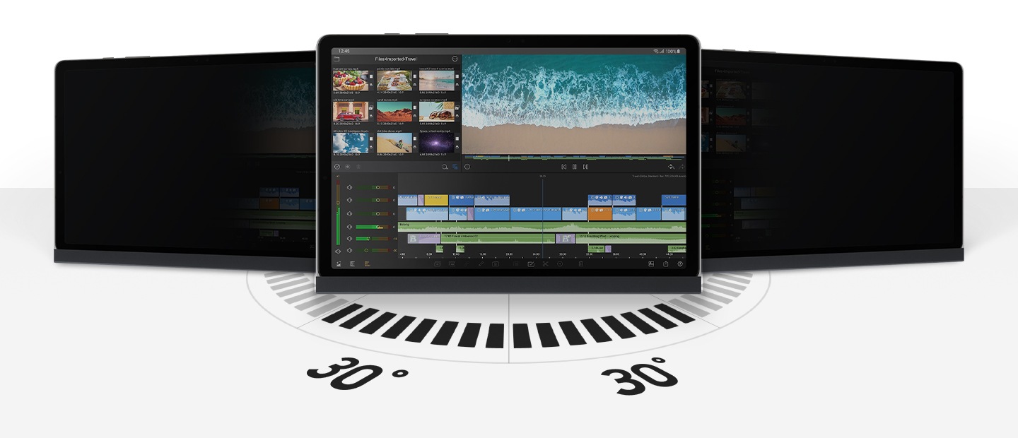 A front view of Galaxy Tab S9 in Landscape mode with Privacy Screen applied is seen with the screen easily viewable within 30 degrees. The devices on the left and right, standing with tilted angles, look blacked out.