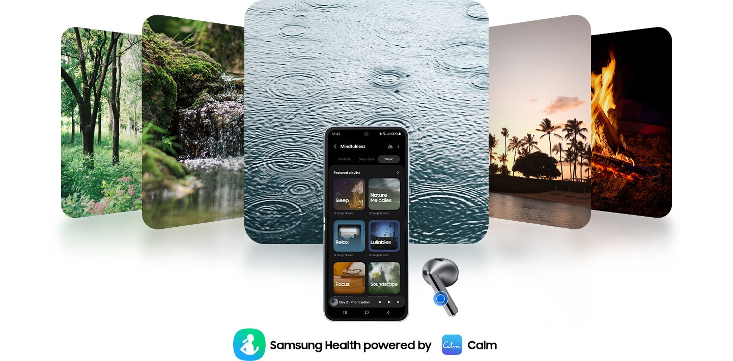 A Galaxy Z Flip6 is open with a single, Galaxy Buds3 earbud on the right and Samsung Health and Calm application icons below the two devices. In the background is an a horizontal image of an office which changes to five images of nature once the Mindfulness application is open. From left to right is an image of trees, a river, raindrops falling and creating a puddle, palm trees on an island and a bonfire.