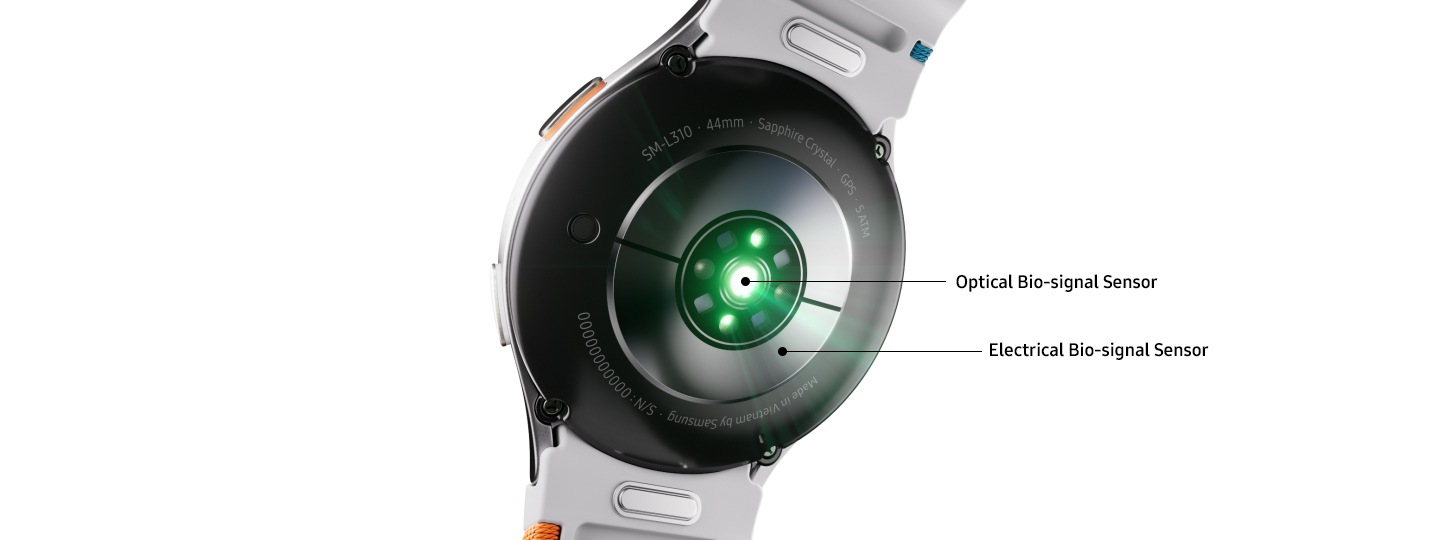 A Galaxy Watch7 seen from the back showing its Electrical Bio-signal Sensor and Optical Bio-signal Sensor with green LED light emitting from the center.