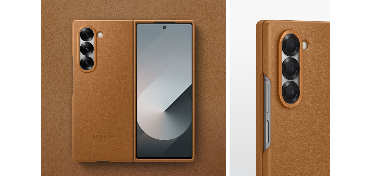 1) The Kindsuit Case in tan, a flat lay of the phone against a swatch of the soft vegan leather material of the case, and a close-up of the phone and case showing how the case fits the contours and edges of the phone perfectly.