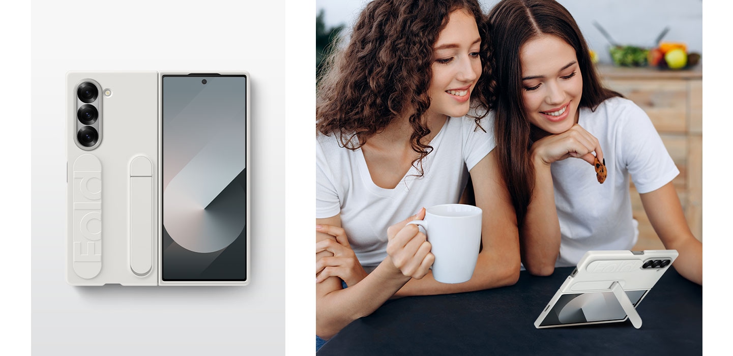 The left one is a top shot of the Galaxy Z Fold6 in a white Silicone Case. The right one is a shot of the same phone and case propped up on a table via the all-in-one grip and stand while two people enjoy watching something on its screen together.