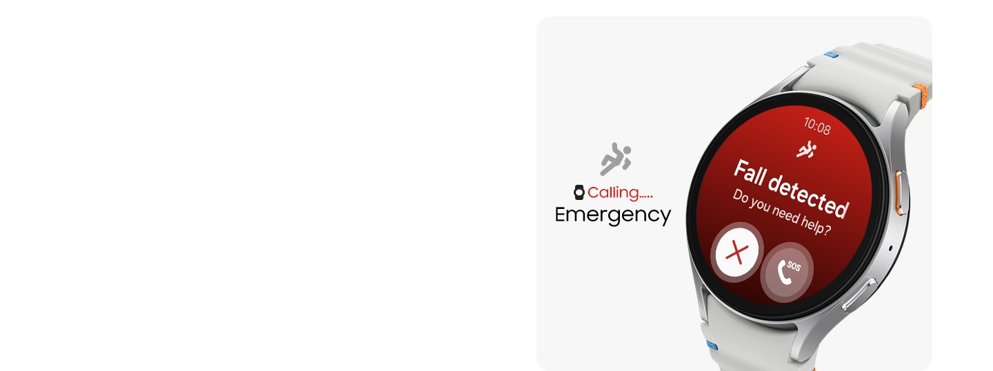 A Galaxy Watch7 displaying Fall detection screen with a text 'Fall detected' and a cancel button and a SOS call button. A text 'Calling... Emergency' is shown next to it, indicating that an emergency call is in progress.