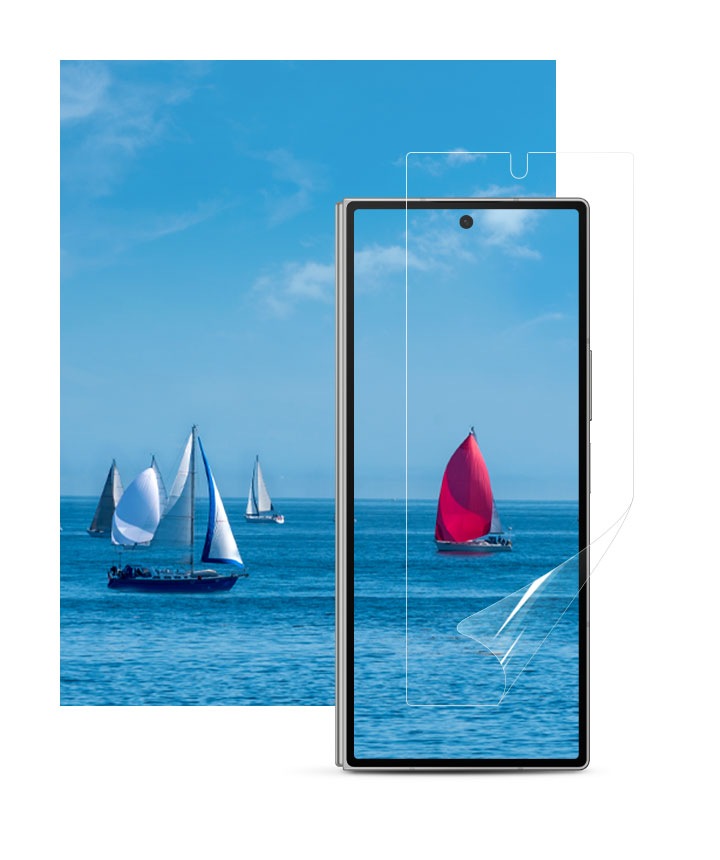 The Galaxy Z Fold6 is seen floating above a showing several sailboats at the sea. There is an Anti-reflecting Film positioned on top of the screen. It is perfectly clear and translucent showcasing how the Anti-reflecting Film on the display provides crystal-clear visibility.