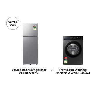 Two Door Refrigerator RT38HG5C42S8 and Front Load Washing Machine WW90DG5U24AX Elegant Inox