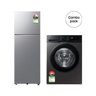 Two Door Refrigerator RT38HG5C42S8 and Front Load Washing Machine WW90DG5U24AX Refined Inox