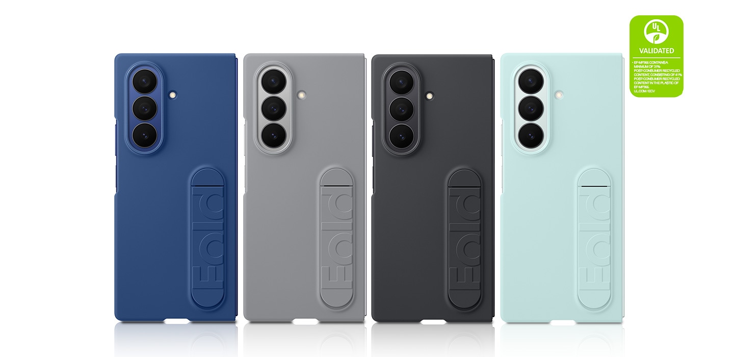 4 folded Galaxy Z Fold7 devices stand upright in rear view. They have the Silicone Case installed in Mint, Gray, Blue, and Black. The text reads UL VALIDATED EF-MF966 CONTAINS A MINIMUM OF 31% POST-CONSUMER RECYCLED CONTENT, CONSISTING OF 41% POST-CONSUMER RECYCLED CONTENT IN THE PLASTIC OF EF-MF966. UL.COM/ECV
