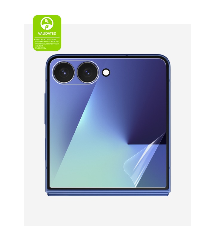 Front view of a Galaxy Z Flip7 with the FlexWindow facing front and the Anti-reflecting Film slightly peeling away to show low reflection and high transparency. The text reads UL VALIDATED APPLICATOR OF EF-UF766 CONTAINS A MINIMUM OF 50% POST-CONSUMER RECYCLED CONTENT. UL.COM/ECV