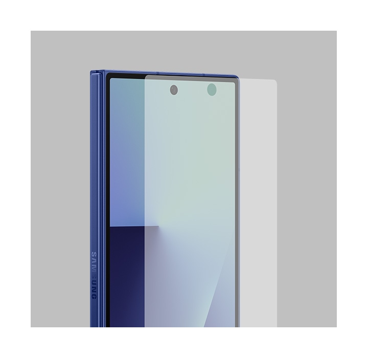 A Galaxy Z Fold7 device stands upright at a slight angle with the Cover Screen in view. The Anti-reflecting Film floats near the screen, showing the form-fitting design.